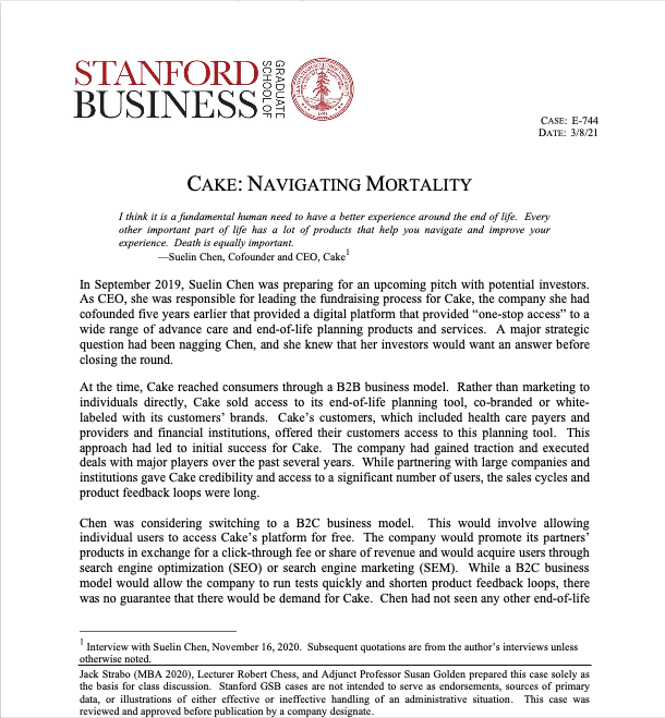 Cake: Navigating Mortality — Stanford GSB Case Study